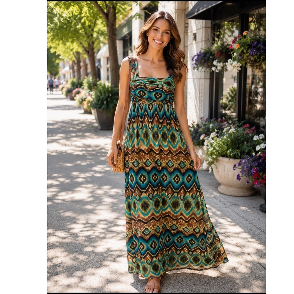 AB Studio Womens Ikat Geometric Print Ruched Maxi Dress Blue Brown Medium